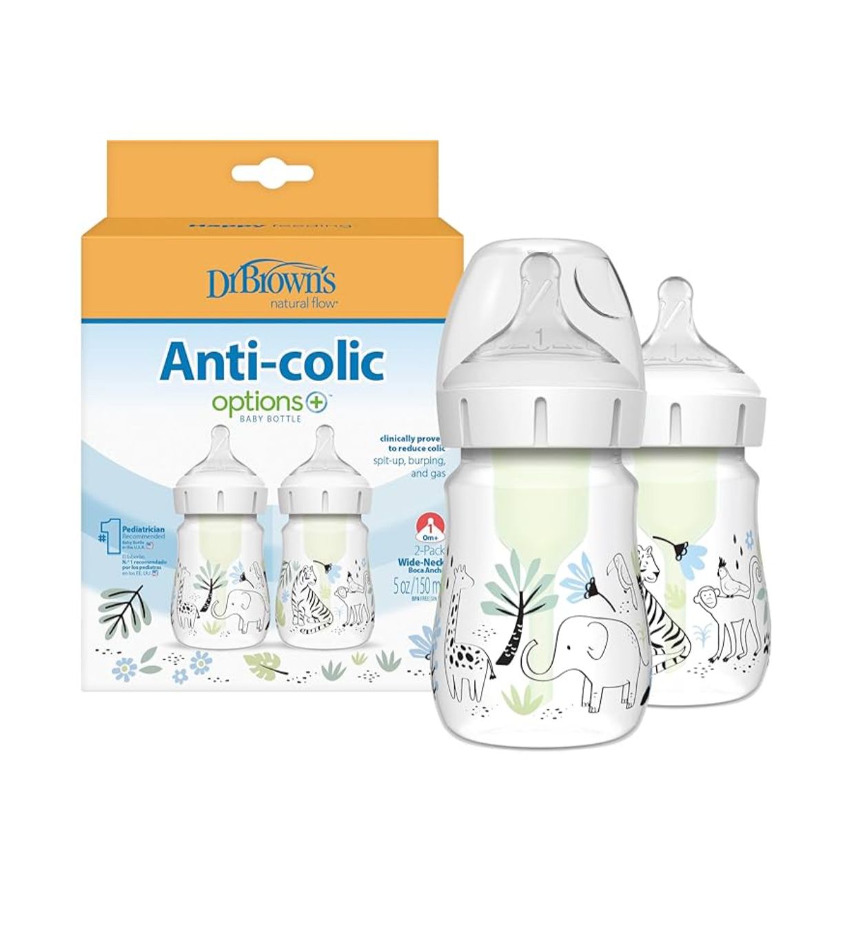 Dr. Brown’s Options+ Anti-Colic Wide-Neck BPA-Free Plastic Baby Bottle 0m+ Forest 150ml pack of 2.